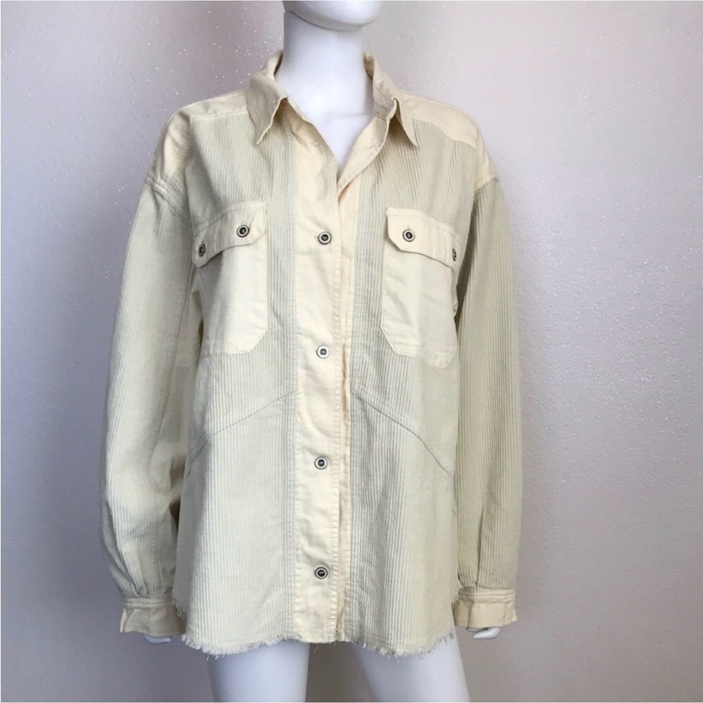 Womens Cream Button-Front Corduroy Shirt Jacket Thread & Supply frayed yellow